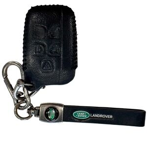 Land Rover Black Leather Key Fob Cover and Logo Strap Keychain Set
